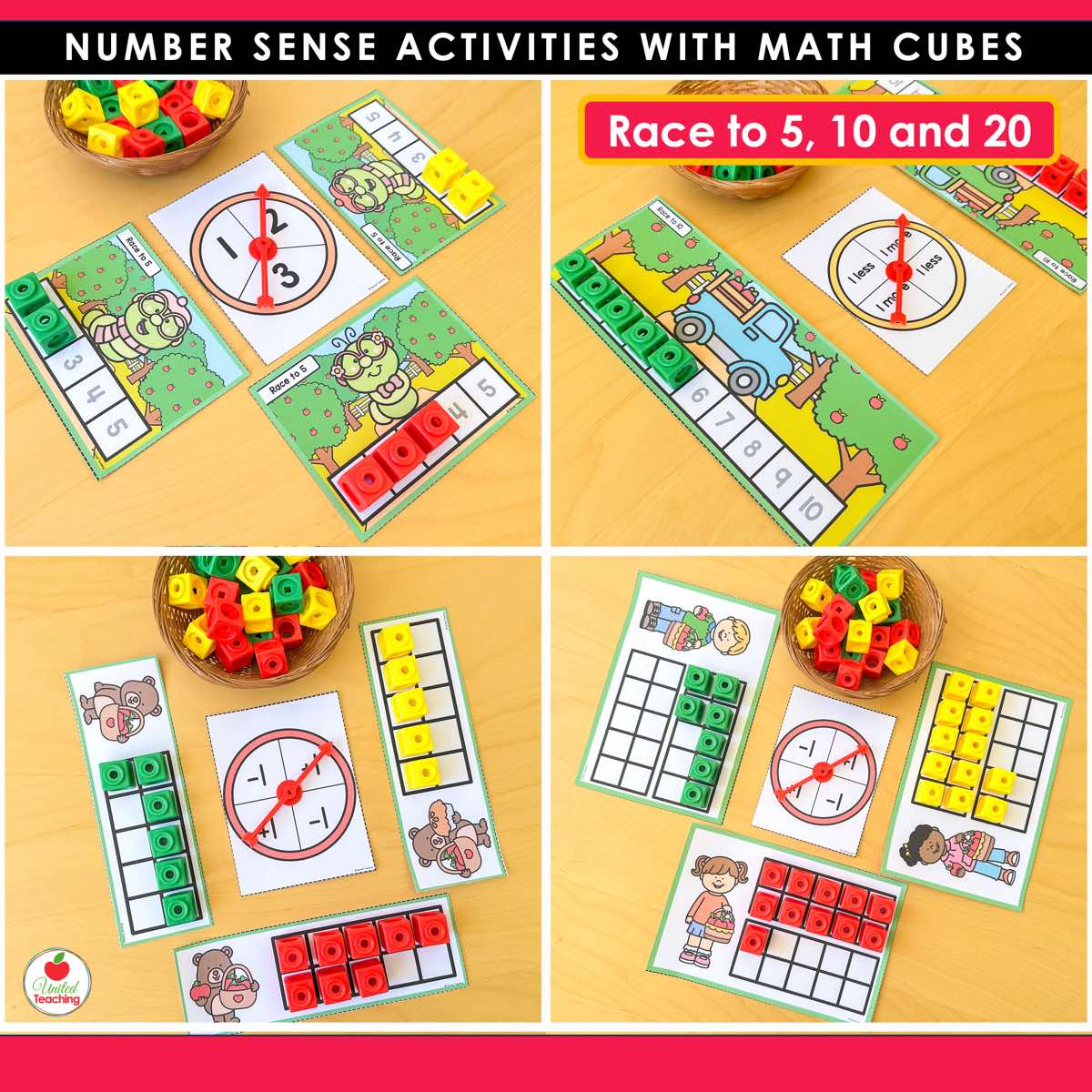 Apple Race to 5, 10 and 20 partner games with ten frames spinners and math cubes