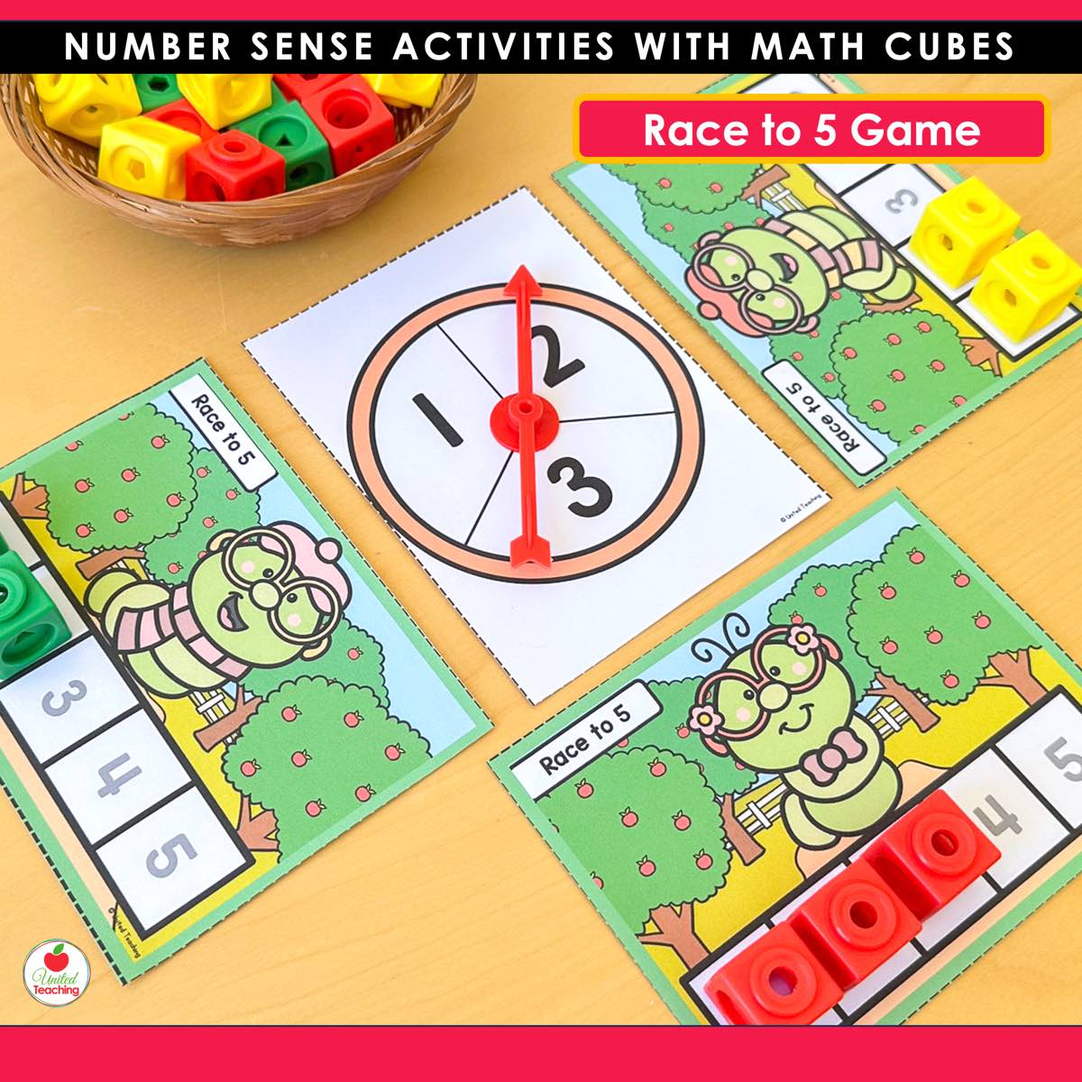 Apple Race to 5 game boards with a 1 to 3 spinner and math cubes covering numbered squares