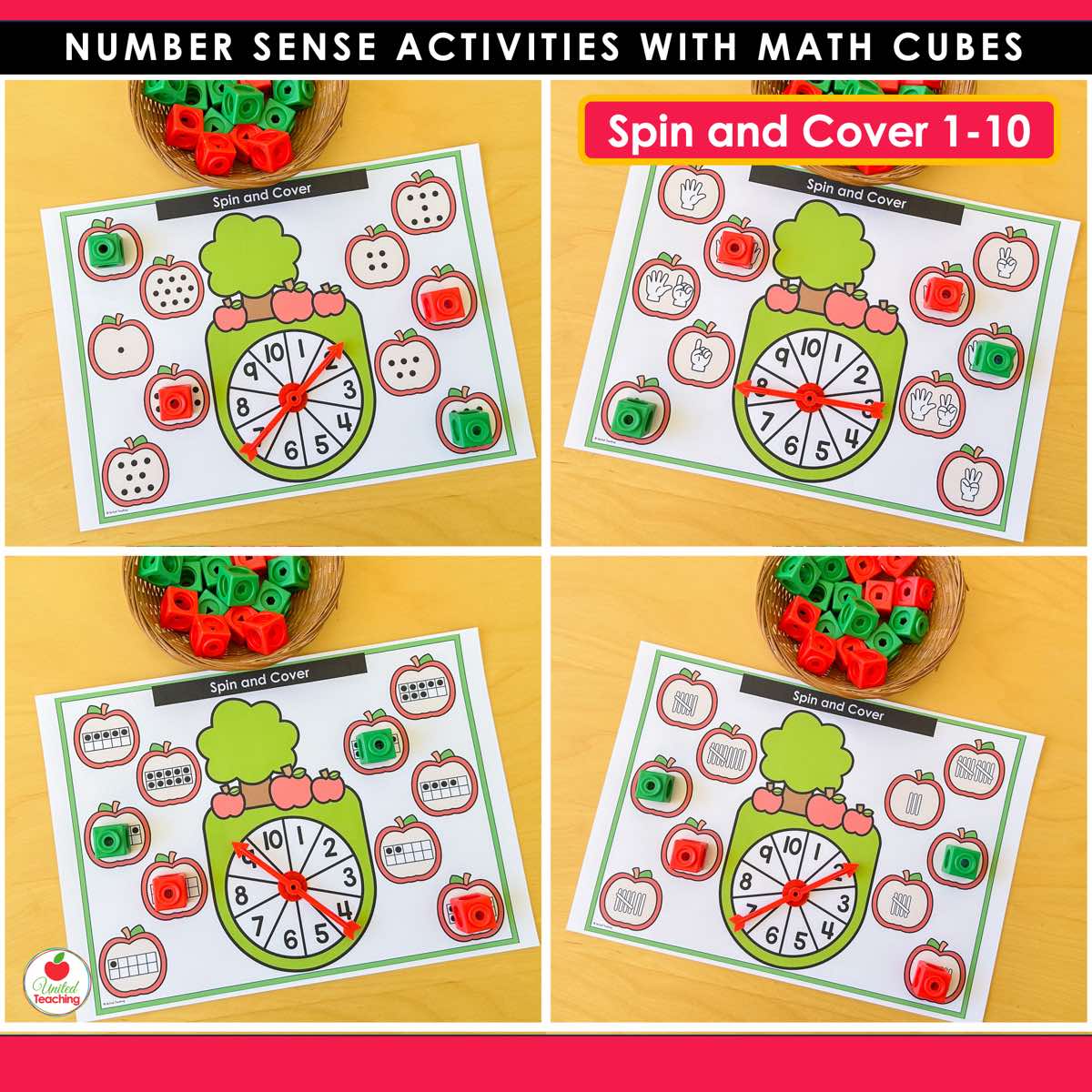 Apple Spin and Cover mats for numbers 1 to 10 with dot patterns finger counting ten frames and number words