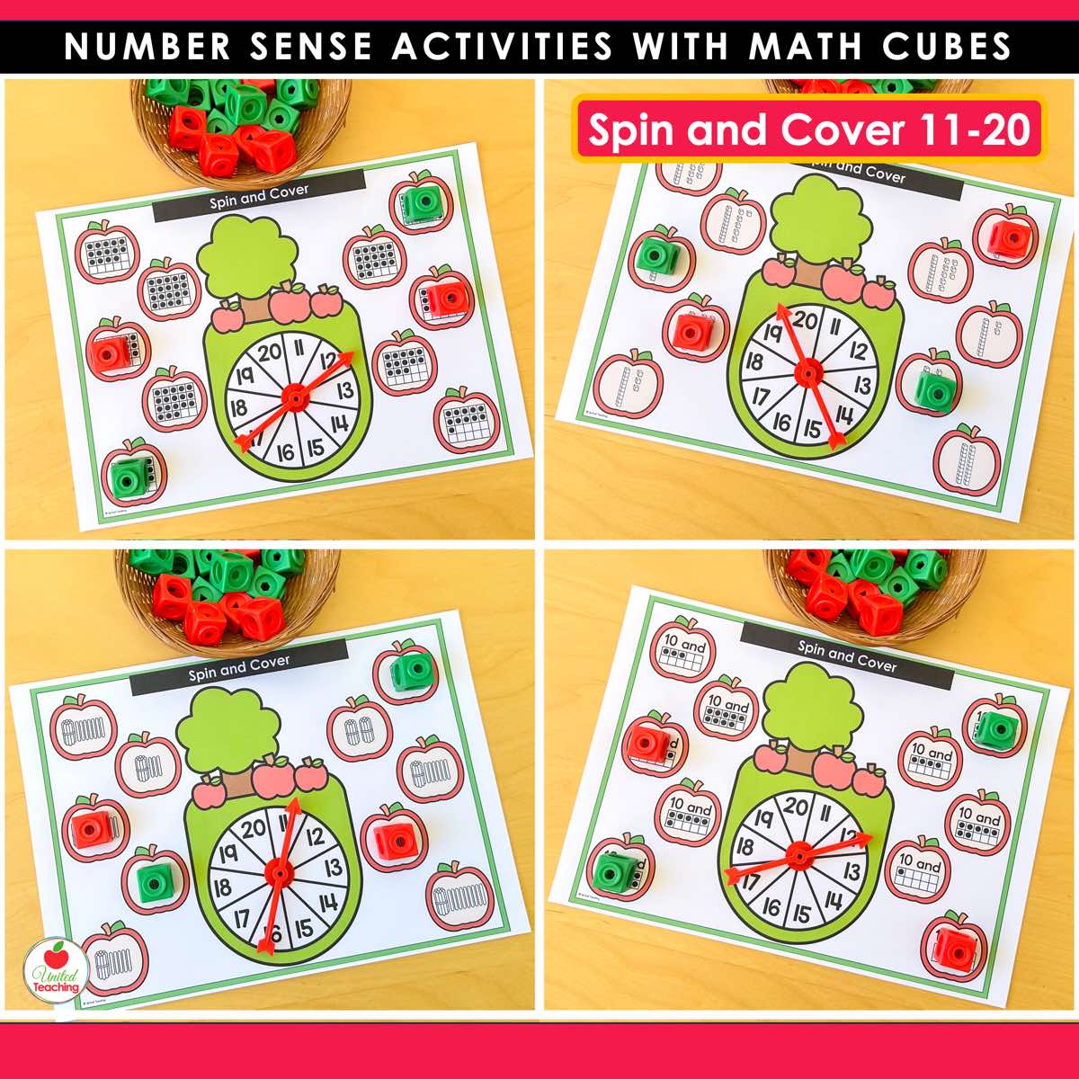 Apple Spin and Cover mats for numbers 11 to 20 with ten frames tally marks and base ten blocks