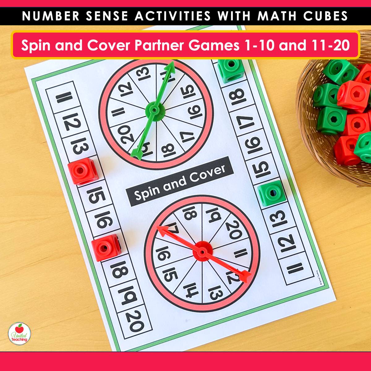 Apple Spin and Cover partner game mat for numbers 11 to 20 with two spinners and red and green math cubes