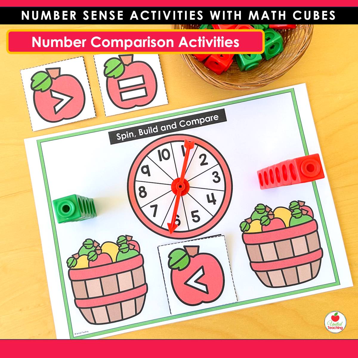 Apple Spin Build and Compare mat with a 1 to 10 spinner apple baskets and greater than symbol cards