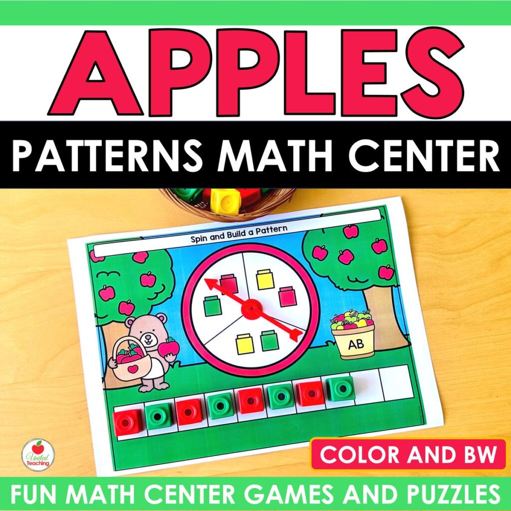 Free apple patterns math center for kindergarten with AB, AAB, and ABC spin and build mats