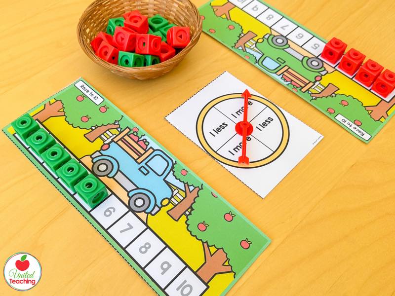 Apple Race to 10 truck game boards with a 1 more 1 less spinner and red and green math cubes