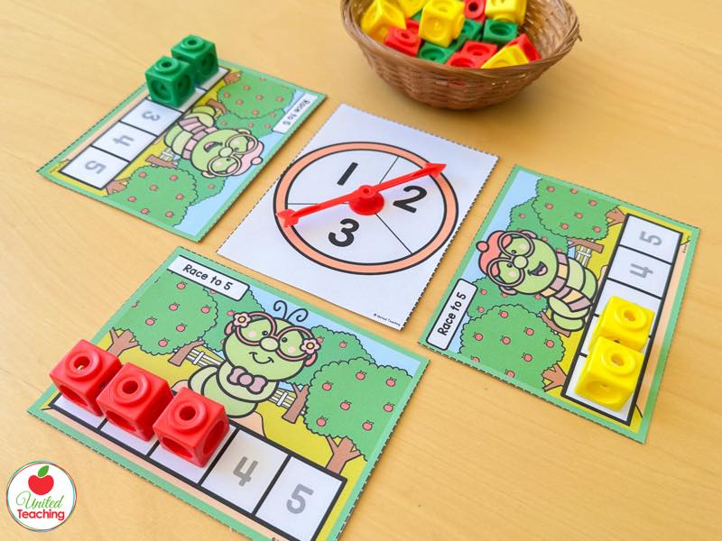 Apple Race to 5 caterpillar game boards with a 1 to 3 spinner and red and yellow math cubes