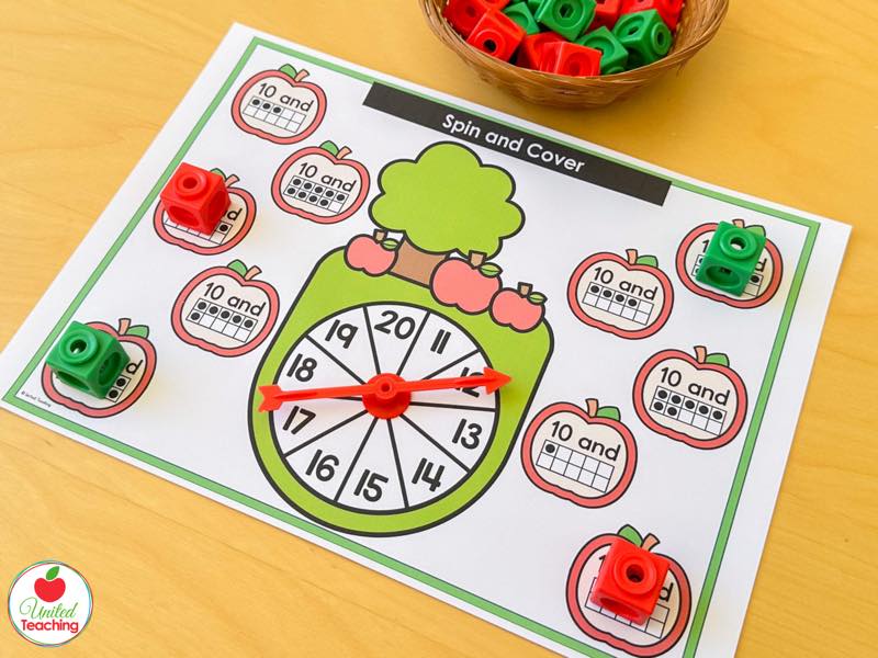 Apple Spin and Cover mat for 11 to 20 with ten and more ten frame apples and math cubes
