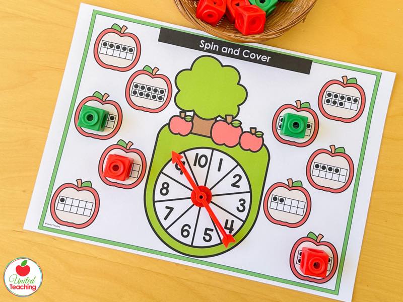 Apple Spin and Cover mat for 1 to 10 with ten frame apples and red and green math cubes