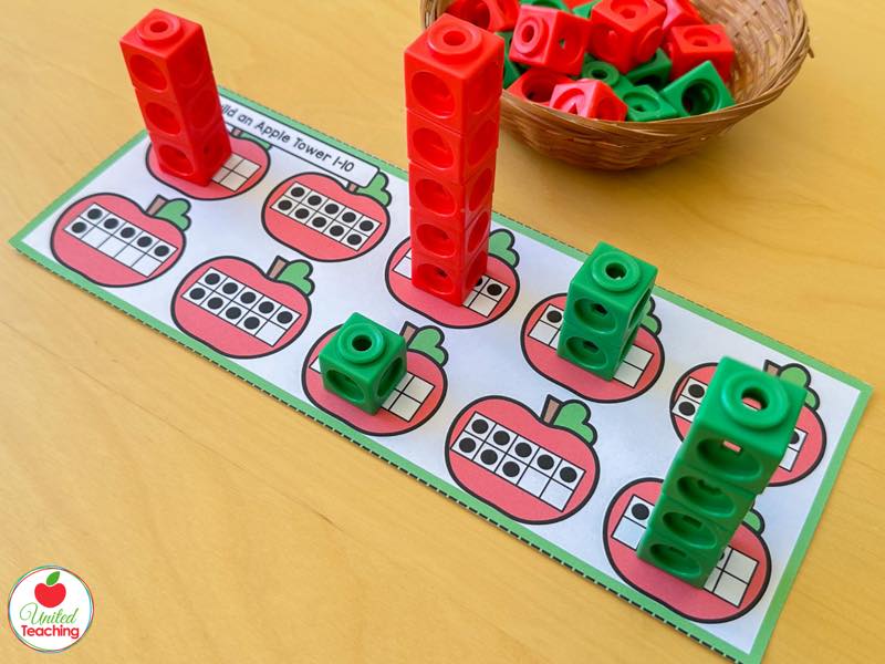 Apple tower mat with ten frame apples and red and green math cube towers built to match