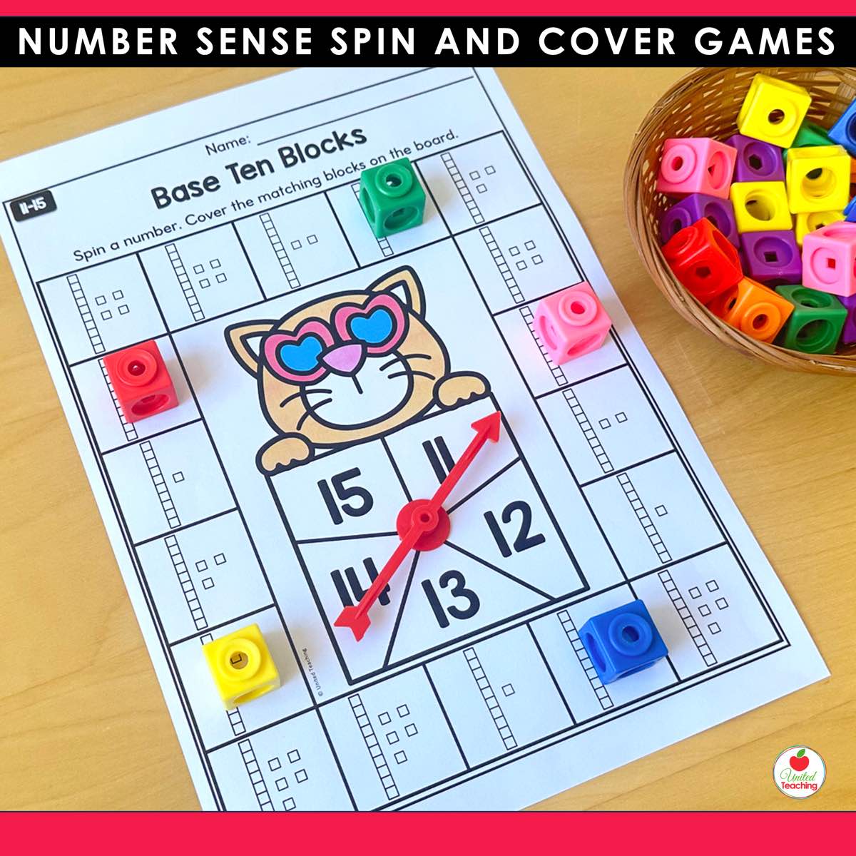 Base ten blocks Spin and Cover game board for numbers 11 to 15 with math cubes covering the matching blocks