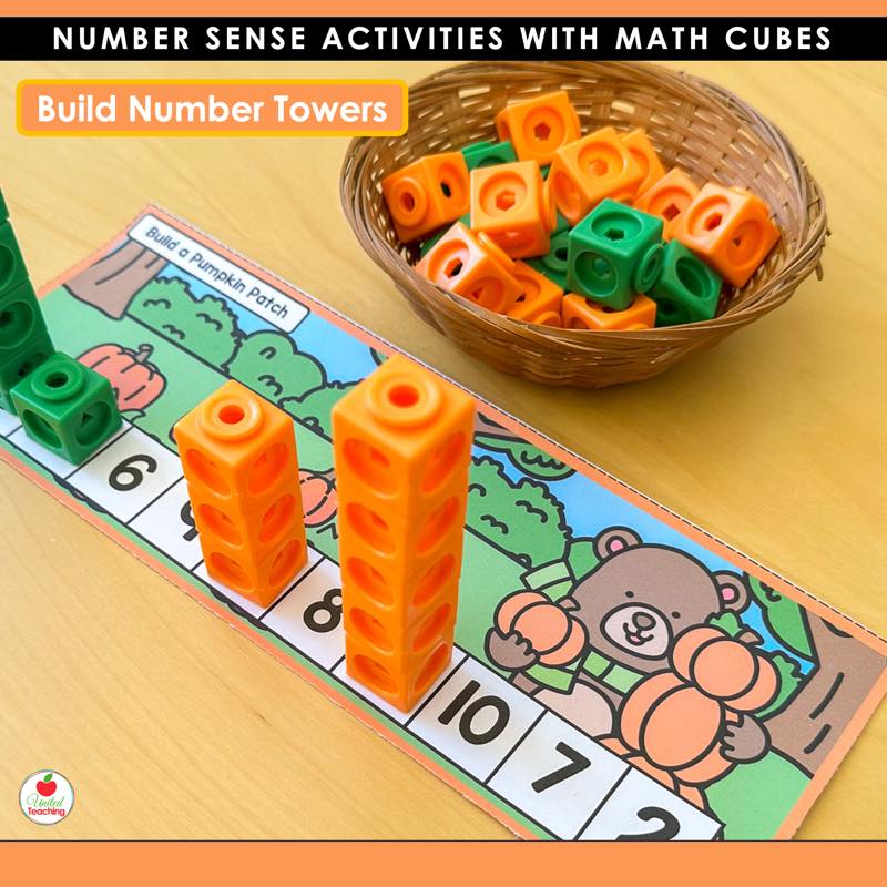 Build a Pumpkin Patch number towers mat numbered 6 to 10 with orange math cube towers