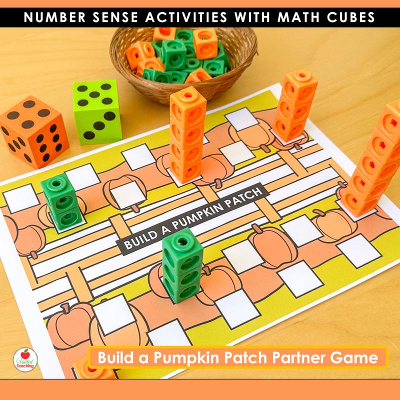 Build a Pumpkin Patch partner game mat with dice and orange and green math cube towers