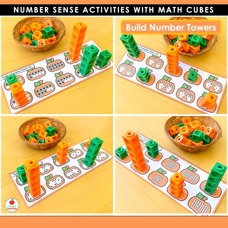 Build a Pumpkin Stack task cards showing ten frames, fingers, dominoes, and tally marks