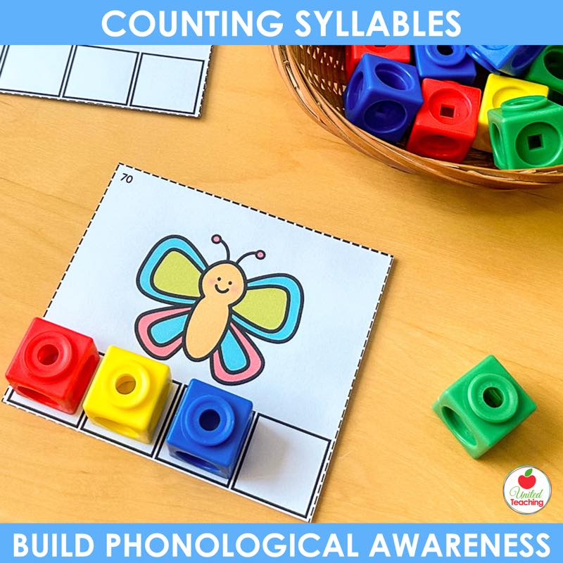 Butterfly counting syllables card with three snap cubes placed in the boxes for but ter fly
