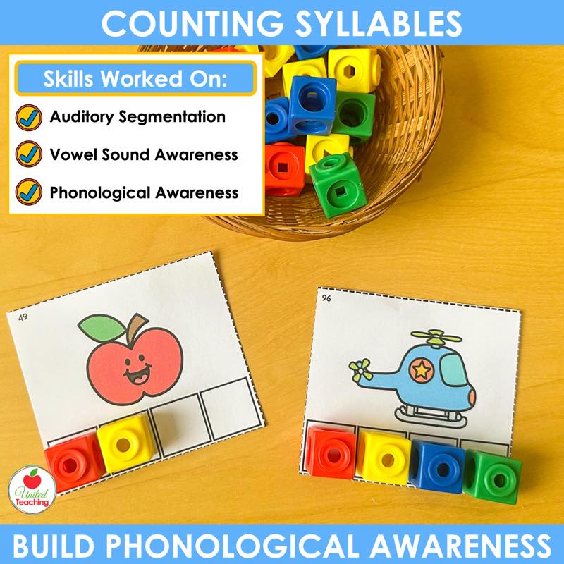 Counting syllables cards for apple and helicopter with snap cubes placed in the syllable boxes