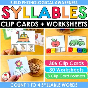 Counting Syllables Clip Cards and Worksheets cover showing clip cards with clothespins and snap cubes