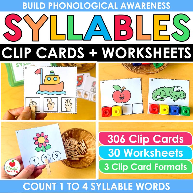 Counting Syllables Clip Cards and Worksheets cover showing clip cards with clothespins and snap cubes
