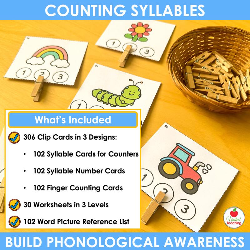 What is included in Counting Syllables Clip Cards: 306 clip cards, 30 worksheets and a picture word list