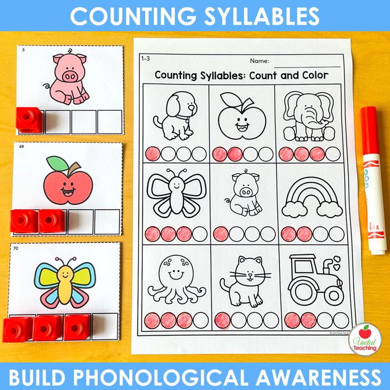 Syllable counter cards for pig, apple and butterfly with red cubes beside a count and color worksheet