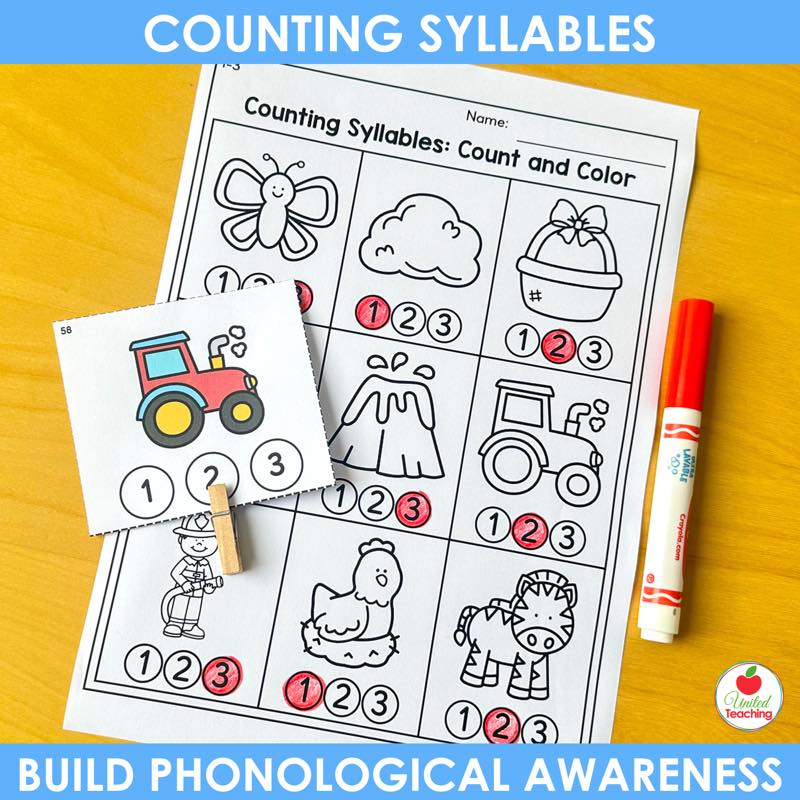 Counting syllables worksheet with numbers circled in red beside a tractor clip card and a clothespin