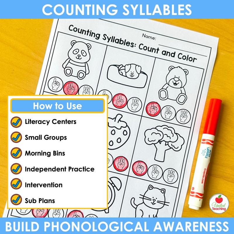 Counting syllables count and color worksheet with finger counting circles colored in red beside a marker