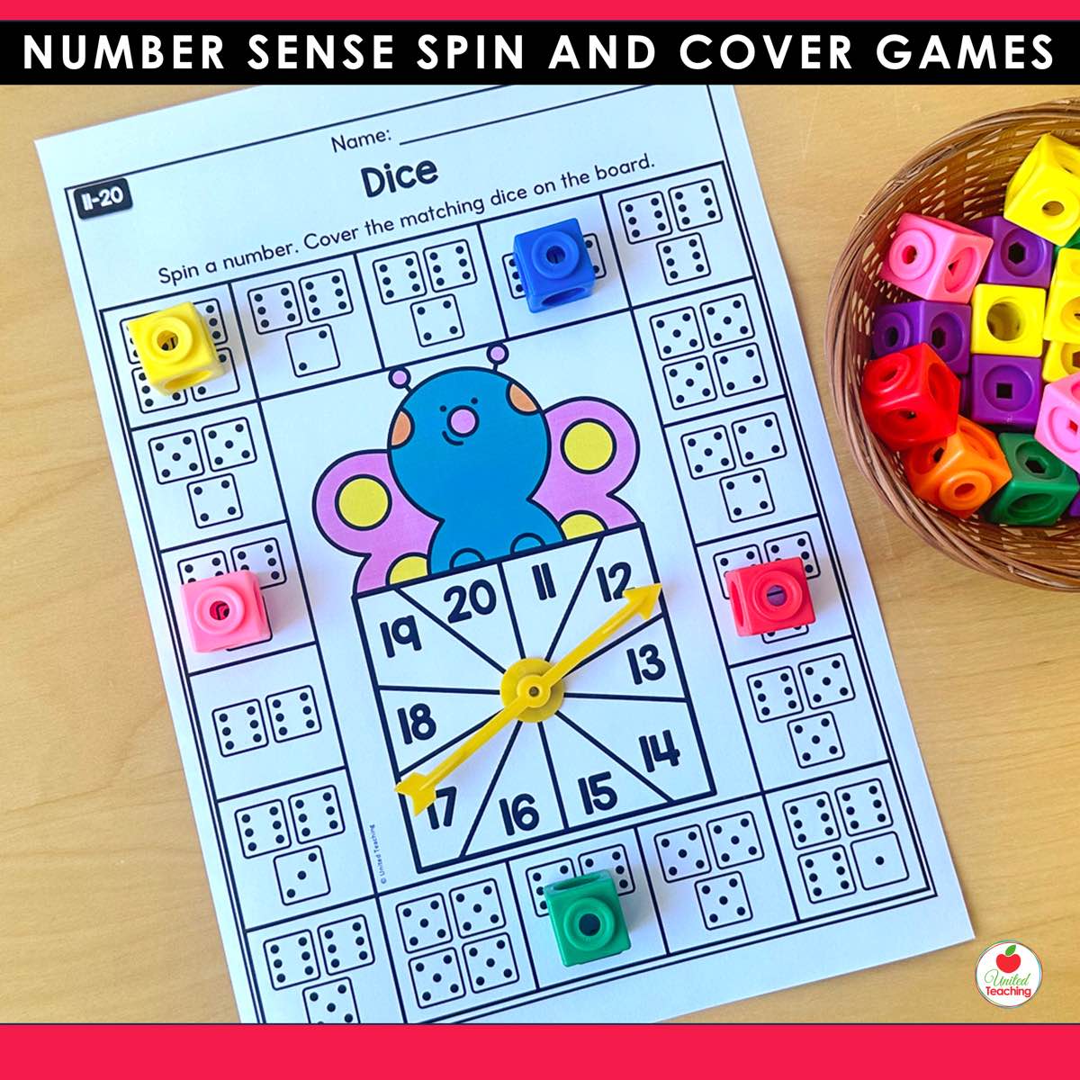 Dice Spin and Cover game board for numbers 11 to 20 with math cubes covering the matching dice patterns