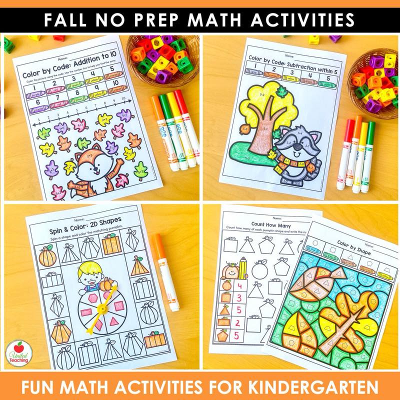Addition, subtraction and 2D shapes pages from Fall Math Worksheets Kindergarten with snap cubes and markers