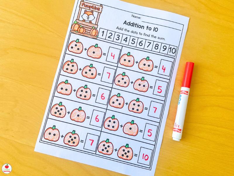 Fall addition to 10 worksheet for kindergarten, add the dots on the pumpkins to find the sum