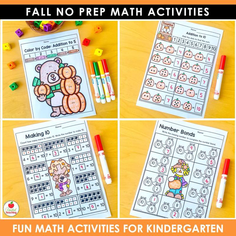 Addition to 5, Addition to 10, Making 10 and Number Bonds pages from Fall Math Worksheets Kindergarten