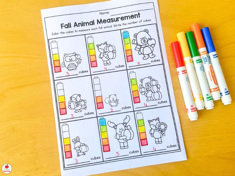 Fall animal measurement worksheet for kindergarten, color the cubes to measure each animal