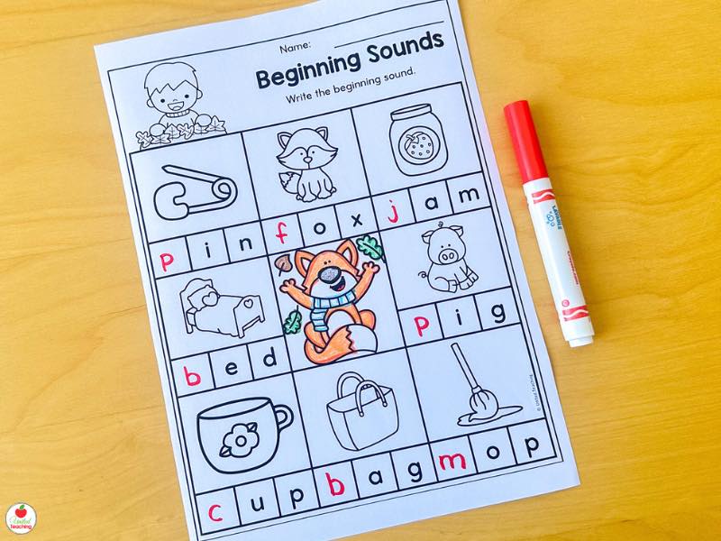 Fall beginning sounds worksheet for kindergarten, write the beginning sound of each CVC picture