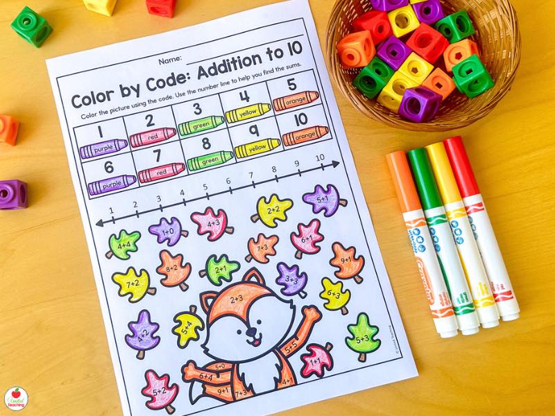 Fall color by code addition to 10 worksheet for kindergarten with a fox, leaves, and a number line