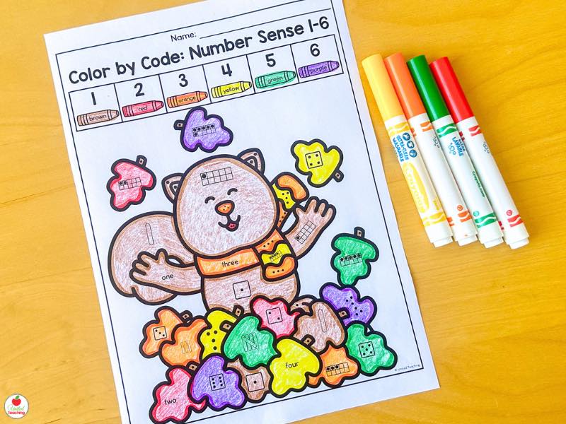 Fall color by code number sense 1-6 worksheet for kindergarten with a squirrel and colorful leaves