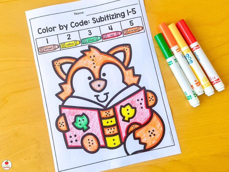 Fall color by code subitizing 1-5 worksheet for kindergarten with a fox reading a book