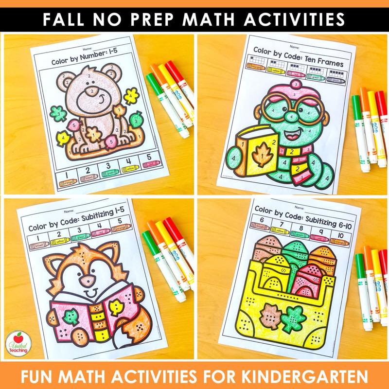 Four color by number and color by code subitizing and ten frame pages from Fall Math Worksheets Kindergarten