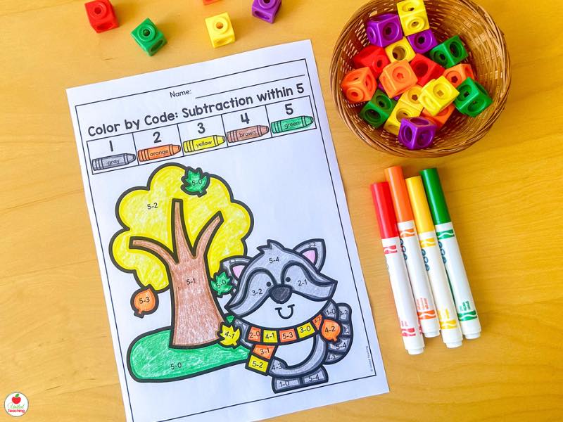 Fall color by code subtraction within 5 worksheet for kindergarten with a raccoon and a tree