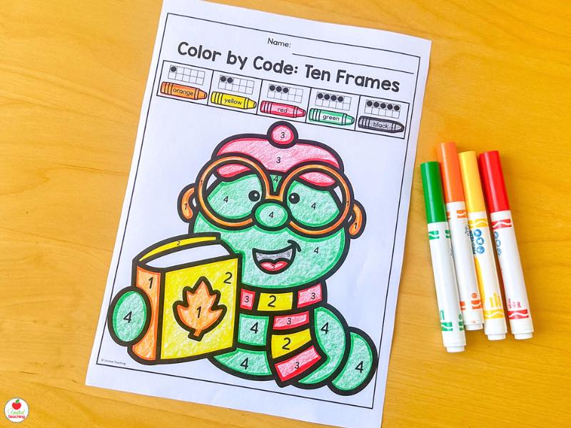 Fall color by code ten frames worksheet for kindergarten with a caterpillar reading a book