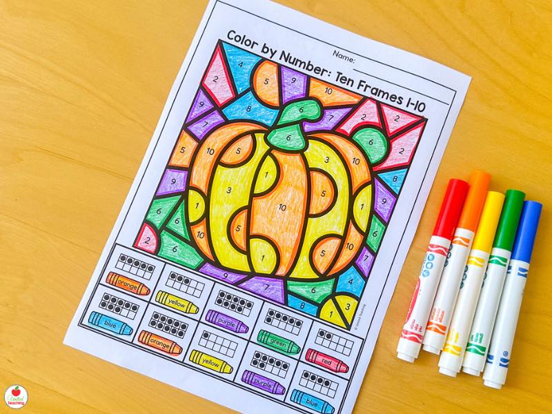 Fall color by number ten frames 1-10 worksheet for kindergarten with a colored pumpkin picture