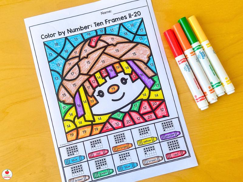 Fall color by number ten frames 11-20 worksheet for kindergarten with a scarecrow picture