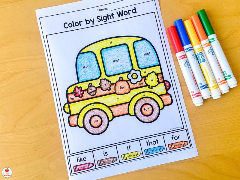 Fall color by sight word worksheet for kindergarten with a school bus and the words like, is, it