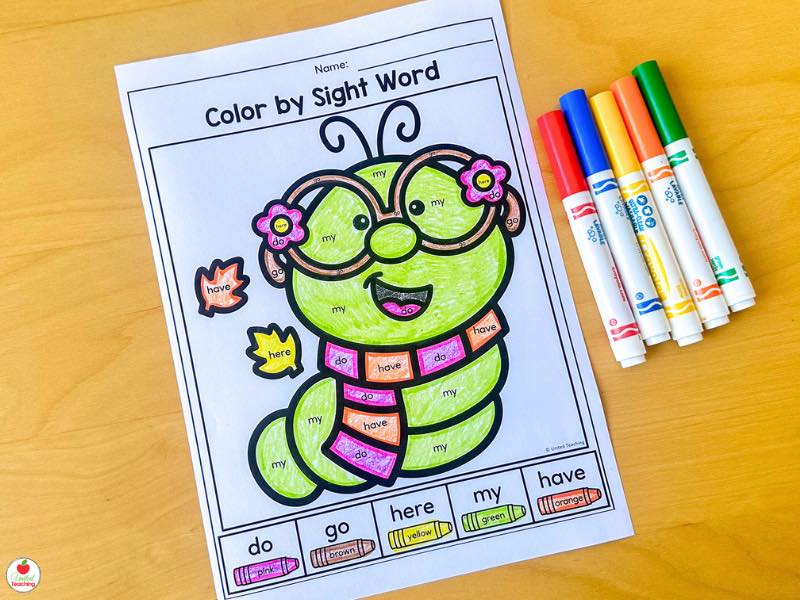 Fall color by sight word worksheet for kindergarten with a caterpillar and the words do, go, here, my