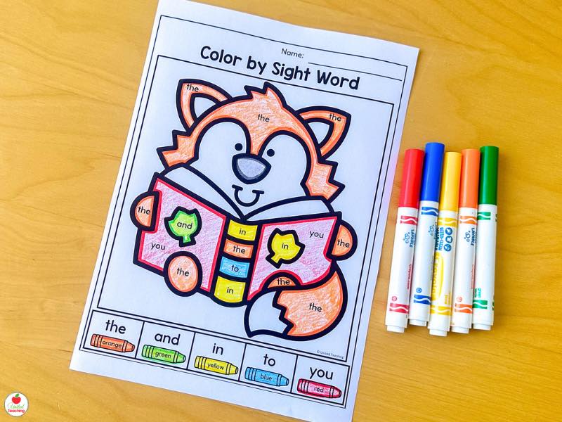 Fall color by sight word worksheet for kindergarten with a fox and the words the, and, in, to, you