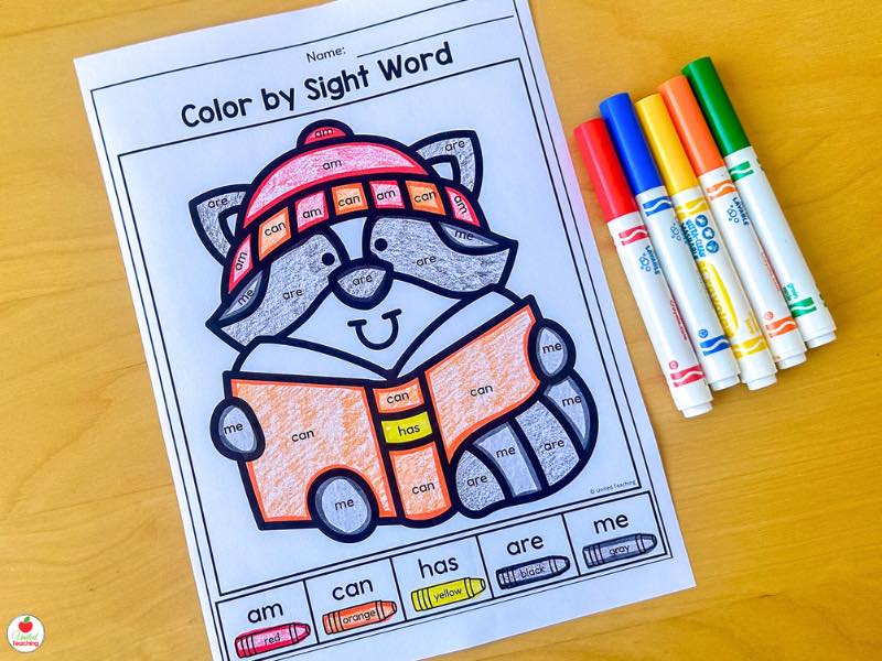 Fall color by sight word worksheet for kindergarten with a raccoon and the words am, can, has, are