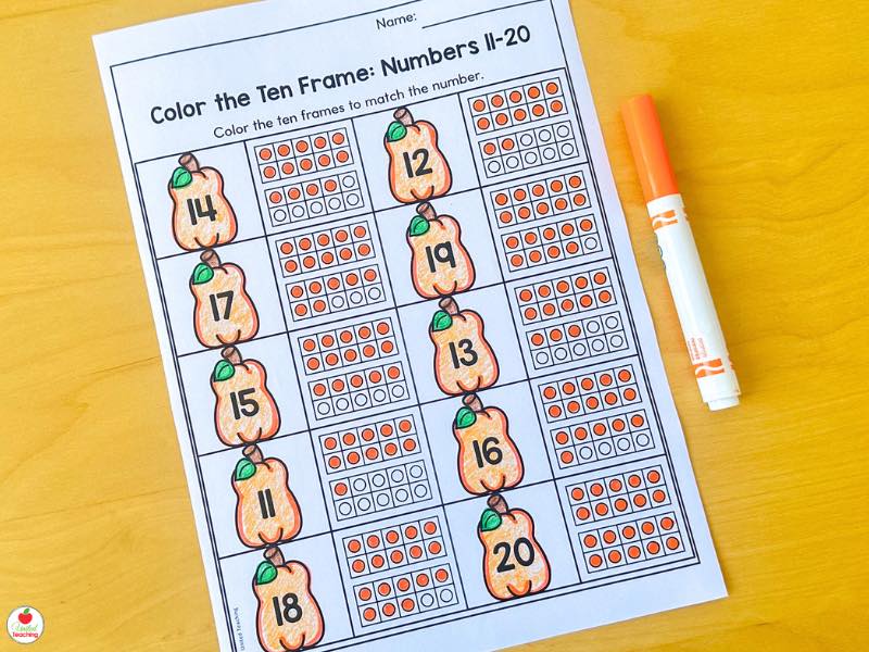 Fall color the ten frame numbers 11-20 worksheet for kindergarten with pumpkin number labels