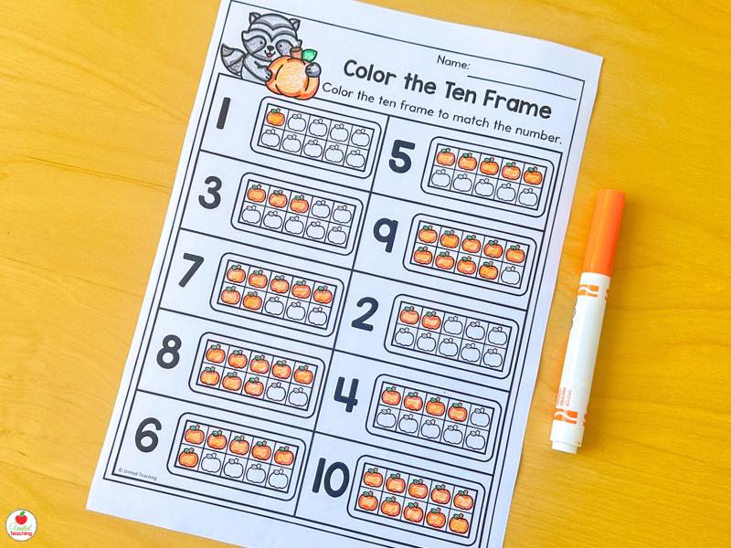 Fall color the ten frame worksheet for kindergarten, color the pumpkins to match each number
