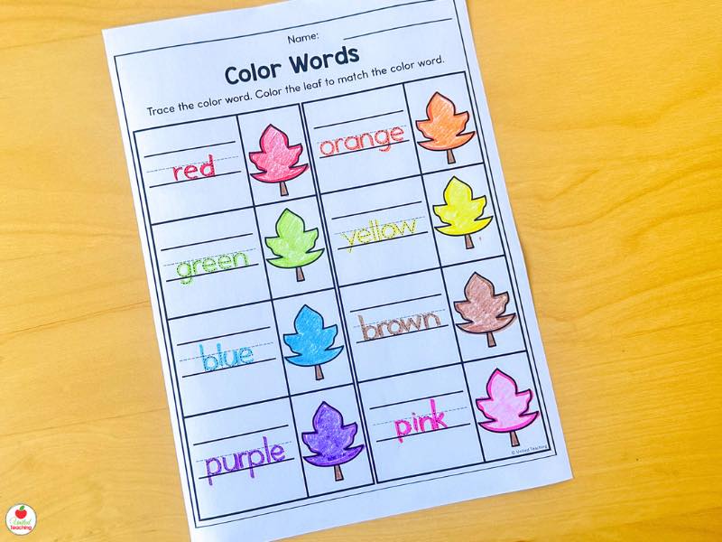 Fall color words worksheet for kindergarten, trace each color word and color the matching leaf