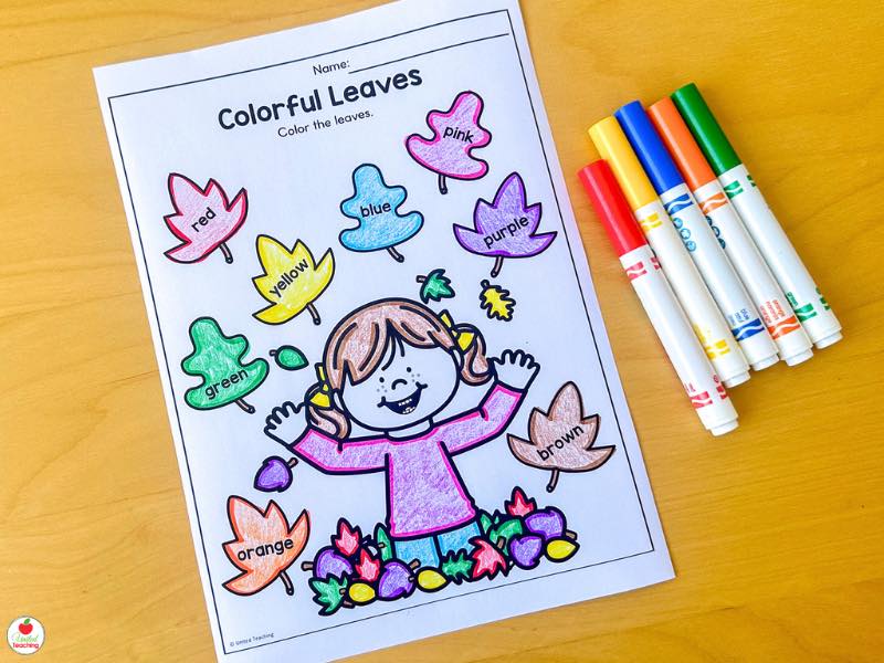 Fall colorful leaves color words worksheet for kindergarten, color each leaf to match its word