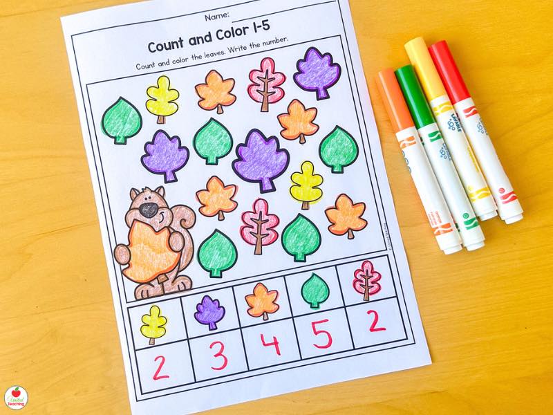Fall count and color 1-5 worksheet for kindergarten, count the leaves and write the number