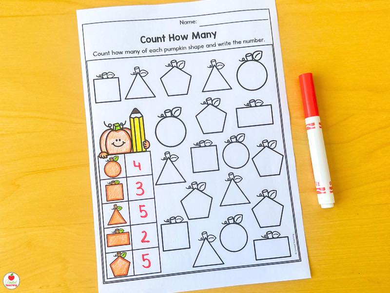 Fall count how many worksheet for kindergarten, count each pumpkin shape and write the number