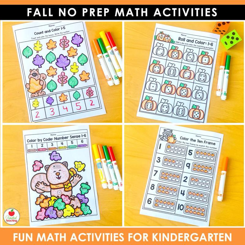 Count and Color, Roll and Color, number sense and ten frame counting pages from Fall Math Worksheets Kindergarten