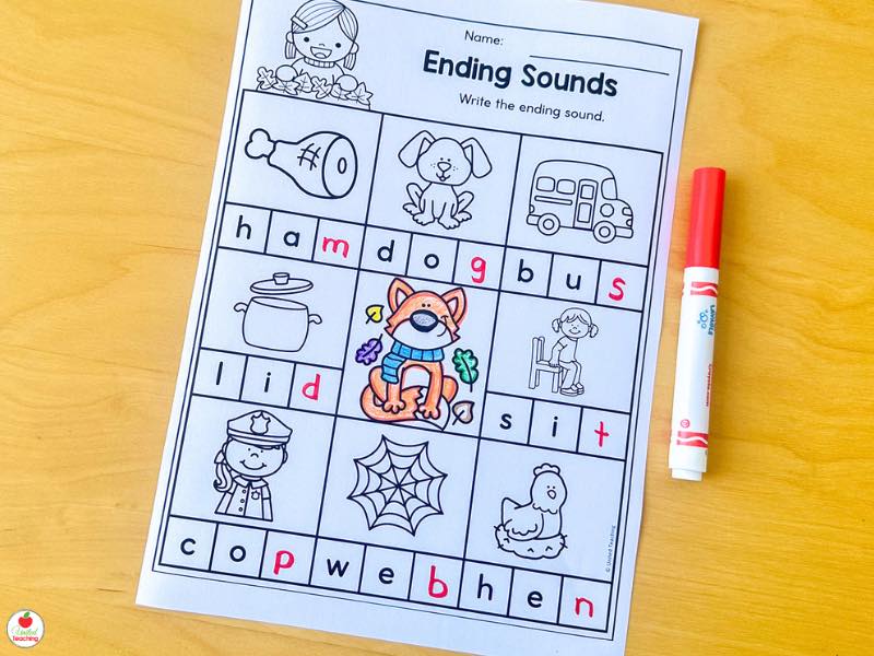 Fall ending sounds worksheet for kindergarten, write the ending sound of each CVC picture